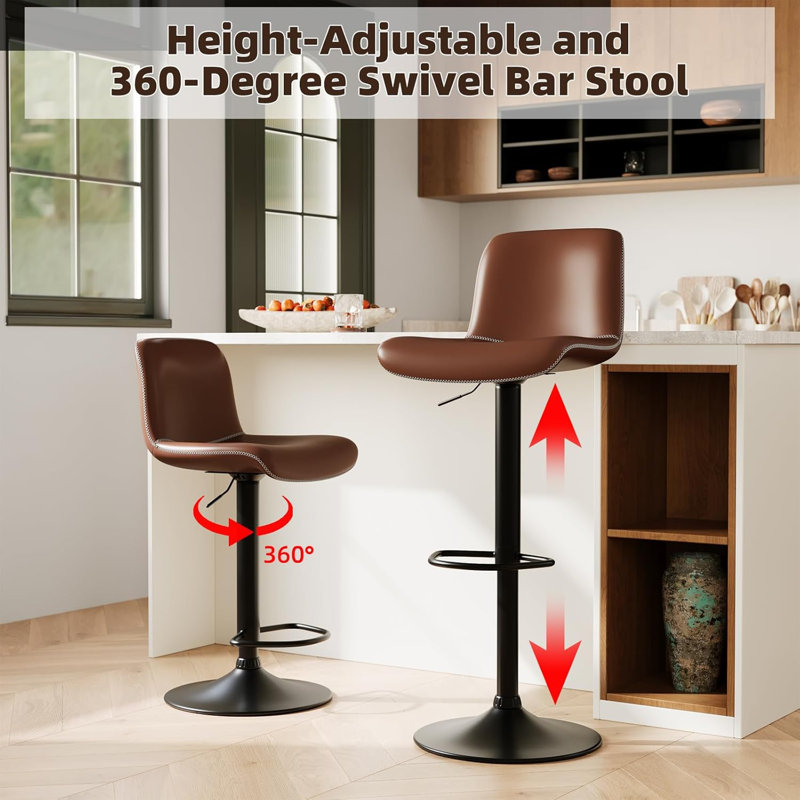 Brown Adjustable Swivel Leather Bar Stools with Metal Footrest (Set of 2)
