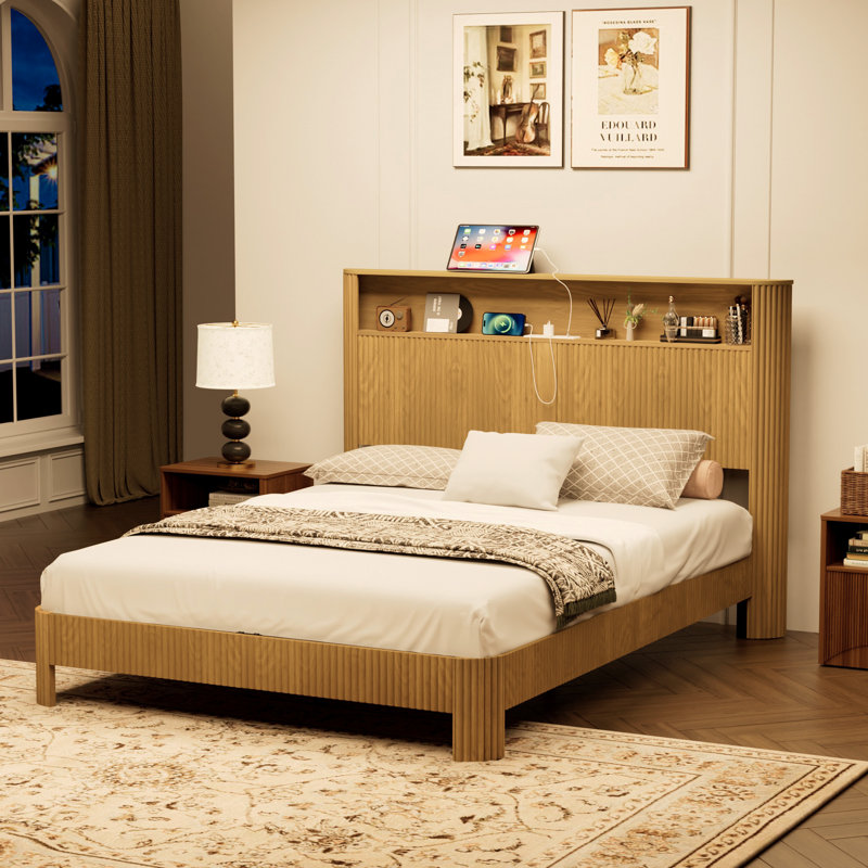 Lit double très long avec tête de lit et station de charge intégrée pour les chambres modernes, Naturel, Grand lit