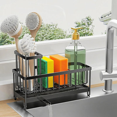 Kitchen Sink Caddy Organizer, Rustproof 304 Stainless Steel Scrub Holder For Sink, No Drill Draining Rack For Sponge, Brush & Soap – Black