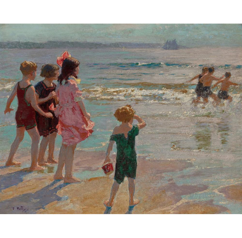 «Children at the Shore» par Edward Henry Potthast - Art mural sur toile tendue avec châssis, H 48 po x l 33 po