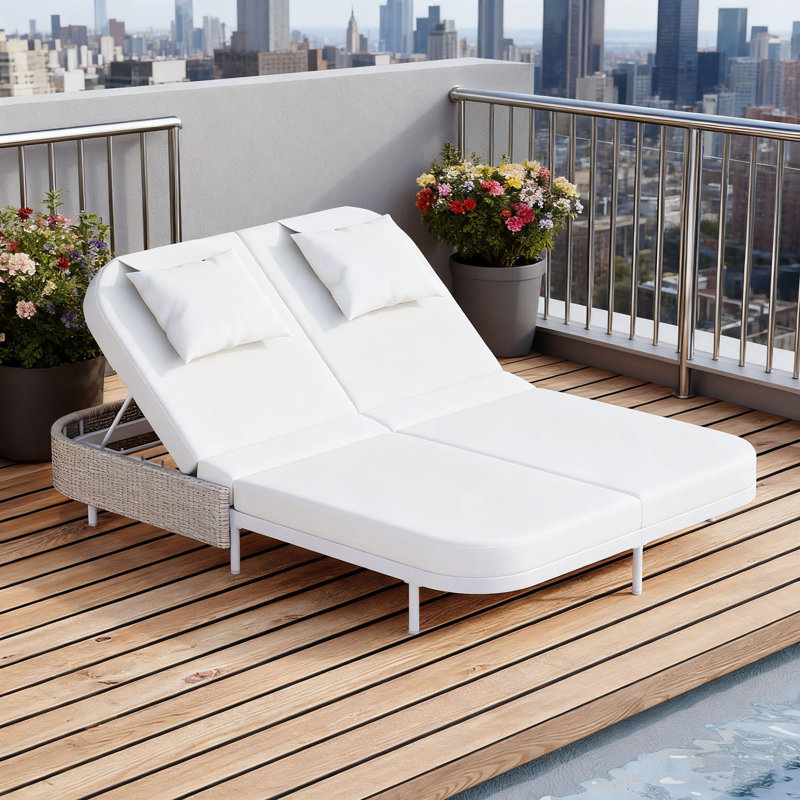 Patio Rattan Daybed with 5-Position Adjustable Backrest and Removable Cushions&Pillows, White
