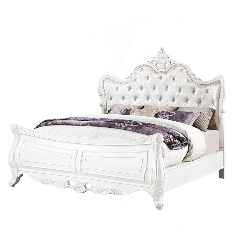 Grand lit de style moderne en bois blanc perle, Grand lit