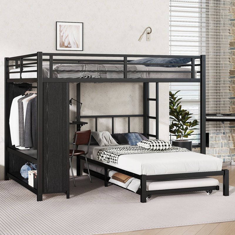 Grand lit superposé simple avec garde-robe intégré, lit superposé en métal avec lit gigogne, bureau pliable, échelles, conception à réduction de bruit, noir