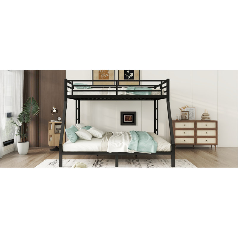 Black Metal Bunk Bed - Queen Over King. Teens & Adults' Choice. Space Solution. Noise Reduction. Strong Frame. No Box Spring. Under Storage. 2 Side Ladders. Enhanced