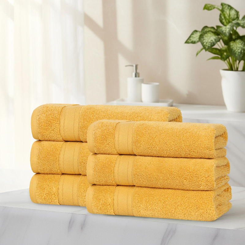 Blue Nile Mills  Zero-Twist Cotton Hand Towel Set With Framed Dobby Border - Quick-Dry, Gold