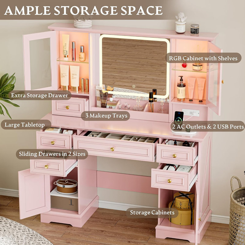Modern Vanity Desk With HD Lighted Mirror & Power Outlet, Vanity Table With Storage Cabinet & 7 Drawers, with Brightness Lighting