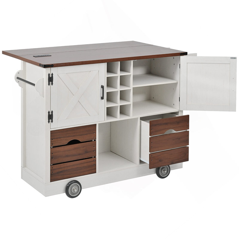 54" Farmhouse Kitchen Island With Drop Leaf, Power Outlet, Kitchen Storage Cart With 2 Doors, 2 Drawers, Rolling Kitchen Island On 4 Large Wheels With Spice Rack For Kitchen, Dining Room, White