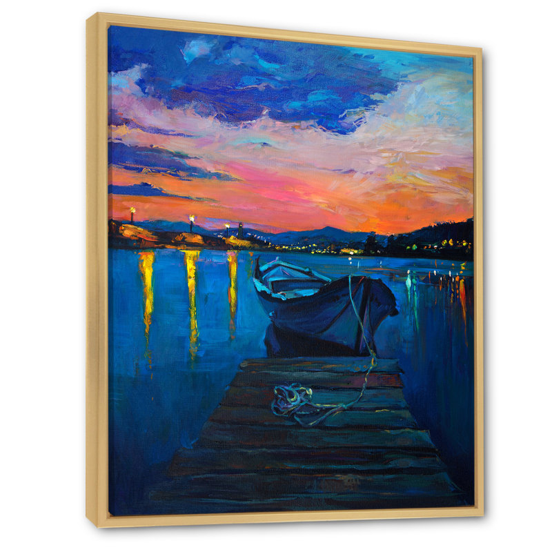 Bateau sur le quai pendant la nuit, H 36 po x l 24 po x P 1 po, Cadre naturel flottant