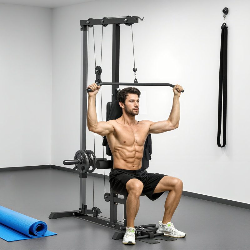 Station de câble Lat Down Machine avec repose-pieds rabattable, noir