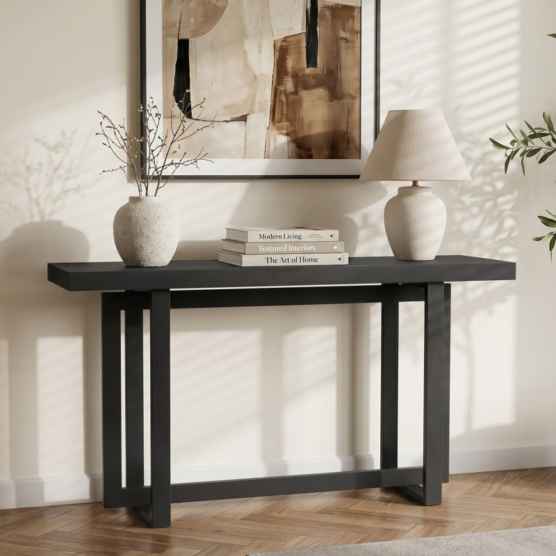59' Mordern Solid Wood Console Table with Geometric Base for Entryway  Decor, Beige, Gris