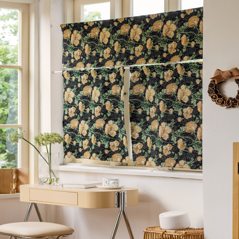 Polyester Small Short Curtains 2 Panels, 30" W x 24" L, Yellow/Black, Floral