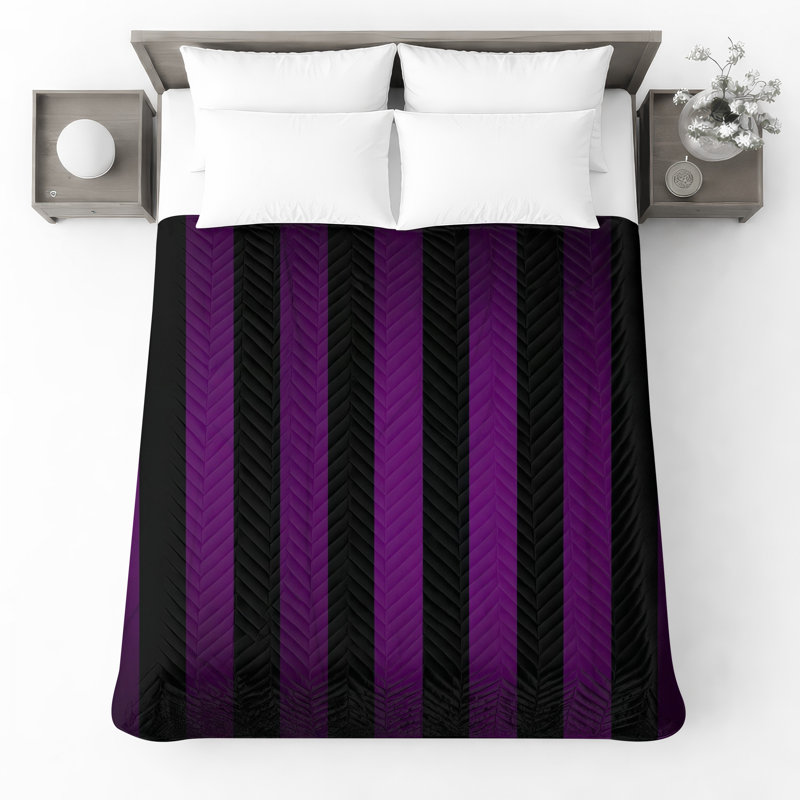 Purple Black Stripes Quilted Thin Bedspread, Full / Double