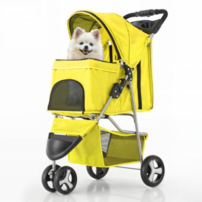 Foldable Pet Stroller With Waterproof Cover, 3-Wheels Dog Strolling Cart For Small/Medium Dogs And Cats With Storage Basket And Cup Holder, Breathable And Visible Mesh For All-Season, Yellow