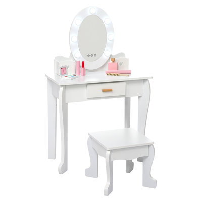 Ensemble de coiffeuse pour enfants avec miroir lumineux, coiffeuse en bois avec tabouret et rangement pour jeux de société