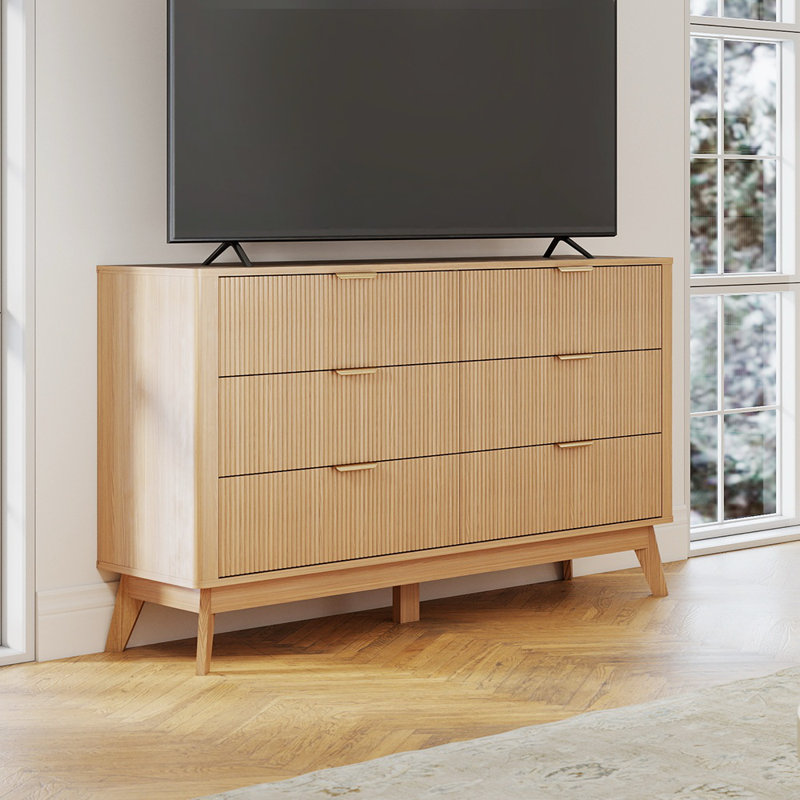 Commode cannelée à 6 tiroirs, commode en bois 49,6 po avec poignées en métal grande capacité, Naturel