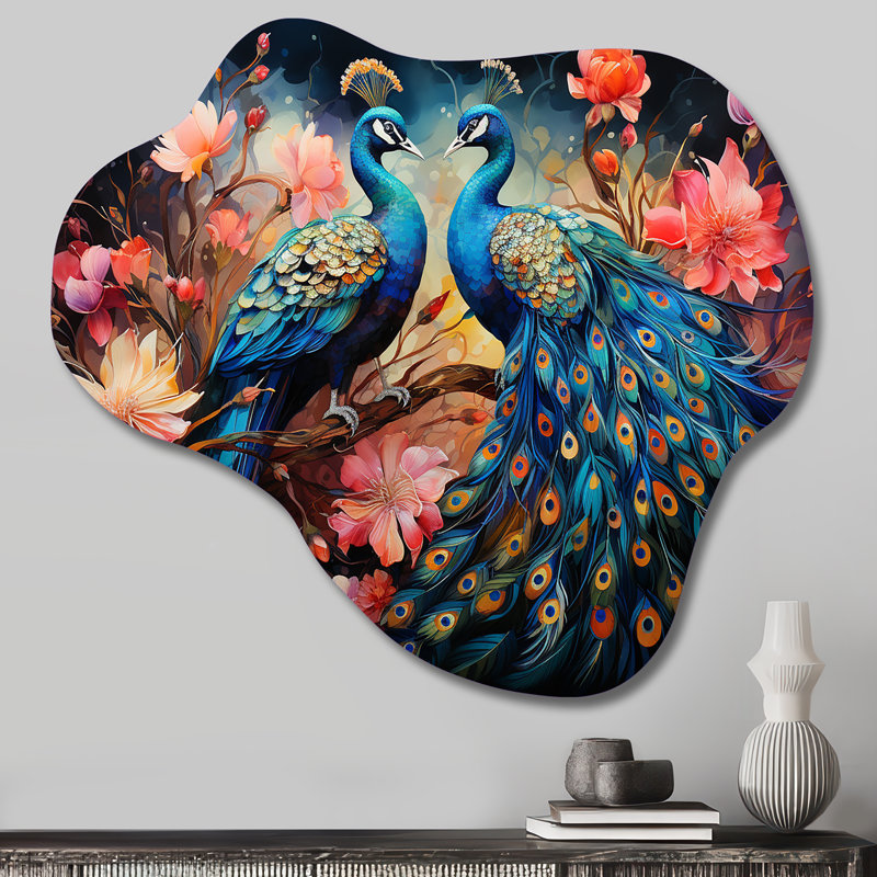 Blue Coral Indian Art Dancing Peacocks II - Indian Art Cloud Shape Irregular Metal Wall Decor, 25" H x 28" W x 1" D