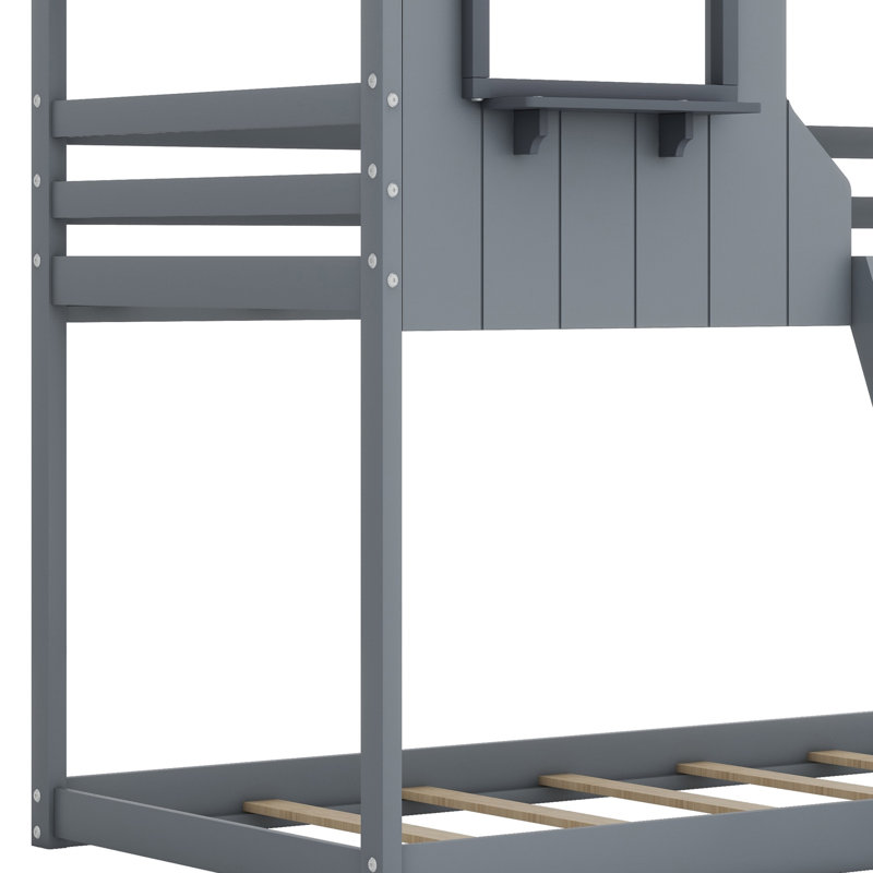 Bunk Bed With Roof, Window, Guardrail, Ladder, Gray