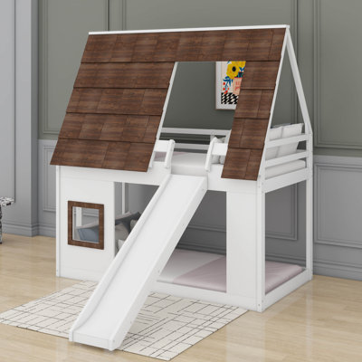 Lit superposé simple en bois avec toit, échelle et toboggan