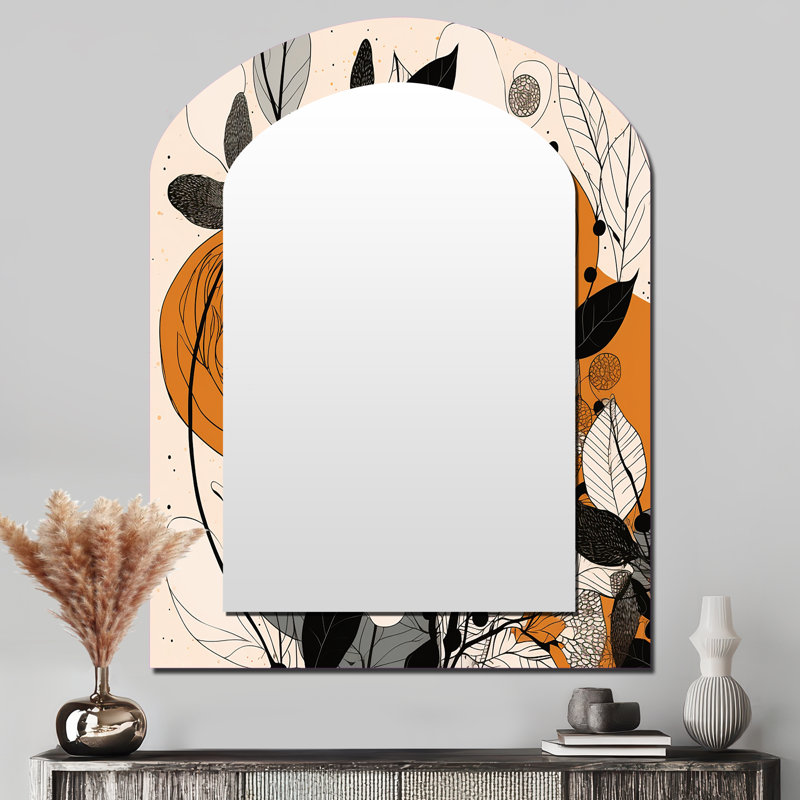 Rétro terracotta roses Illustration III - miroir décoratif arche botanique, grand miroir mural asymétrique moderne, impression d'art en métal