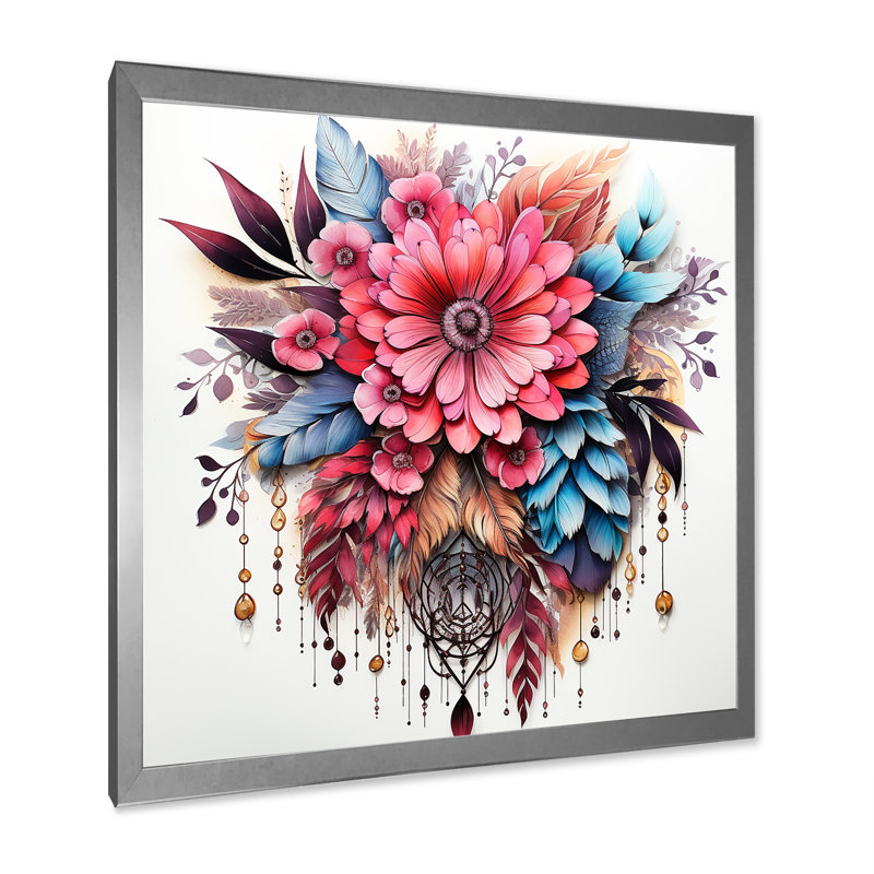 Fleurs de bohème rouge et plumes bleues, reproduction sur toile, H 36 po x l 36 po x P 1,5 po, Cadre simple argenté