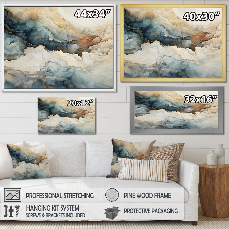 «Blue and White Marble River», art mural abstrait en marbre, H 12 po x l 20 po x P 1 po, Cadre flottant doré