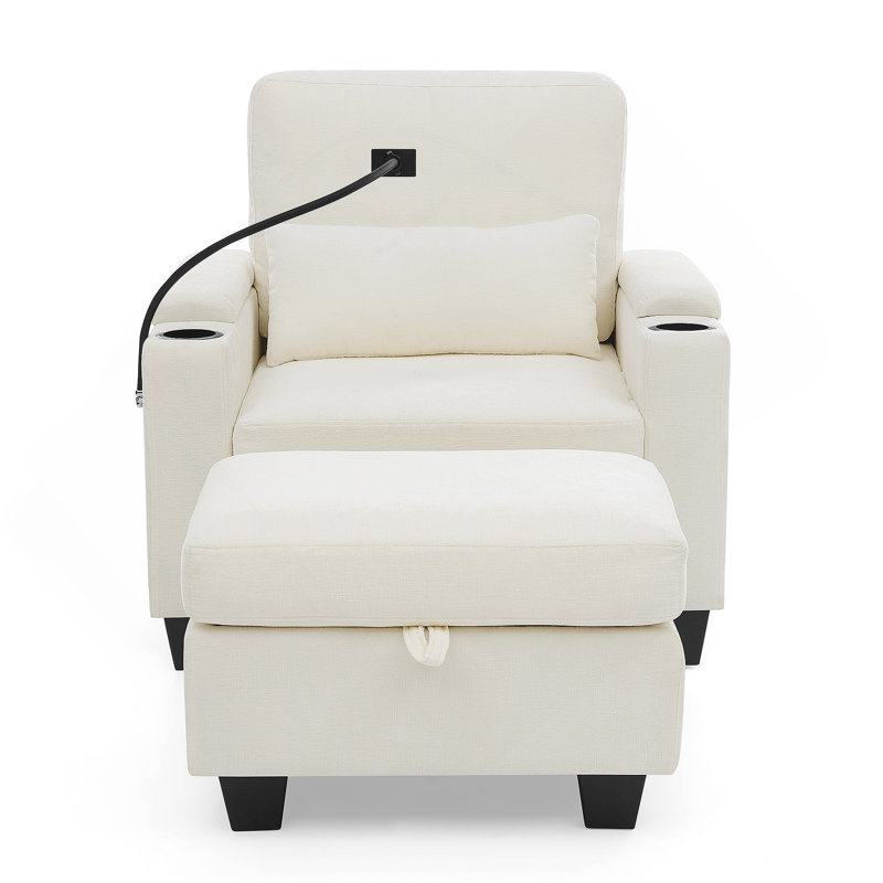 Single Sofa Recliner With Manually Adjustable Backrest, USB Charging Port On The Armrest Side, Phone Stand Included, Hidden Armrest Storage, And A Matching Storage Ottoman-Beige