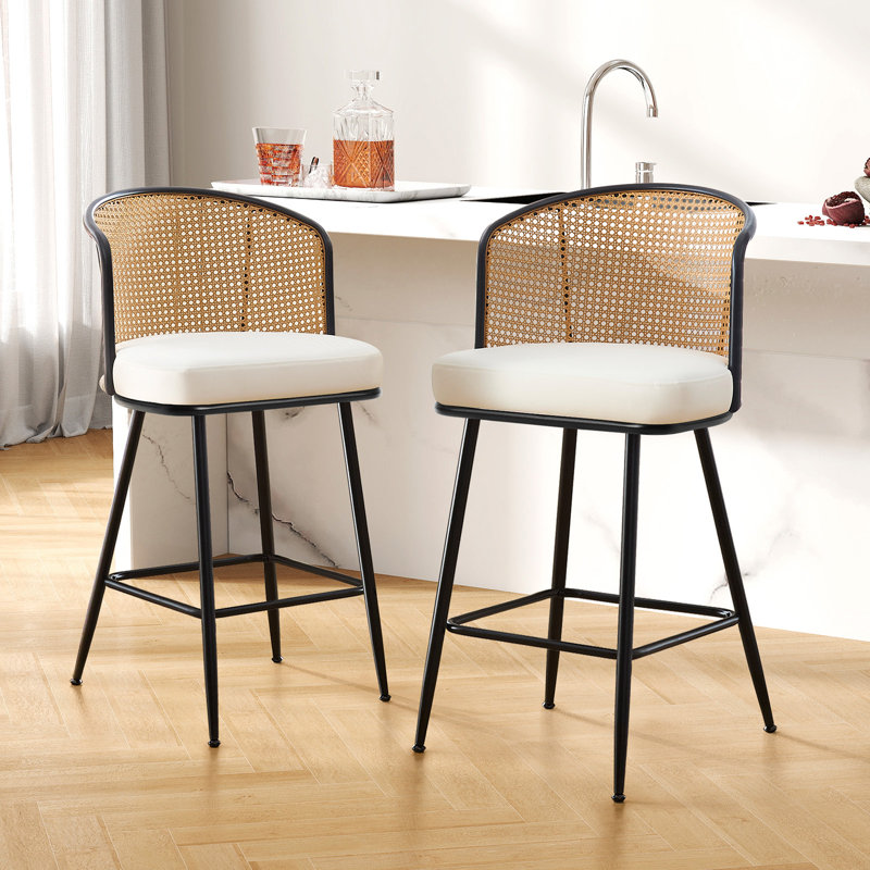 Tabouret rembourré Cane, Tabouret de comptoir (siège d'une hauteur de 26 p, Blanc, 2