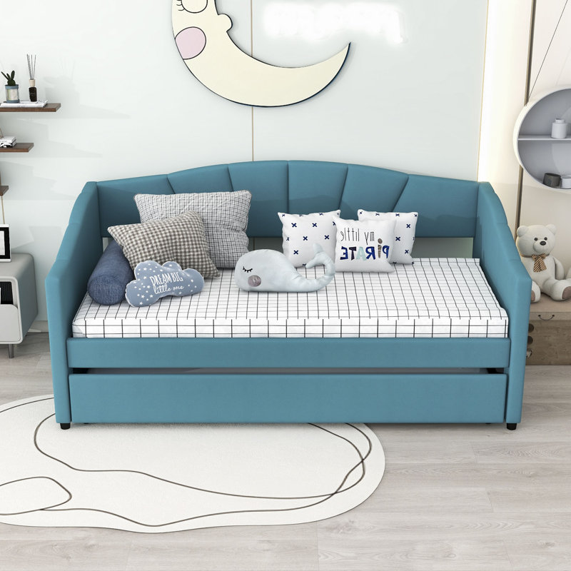 Alisha Twin Size Upholstered Daybed with Trundle, Blue