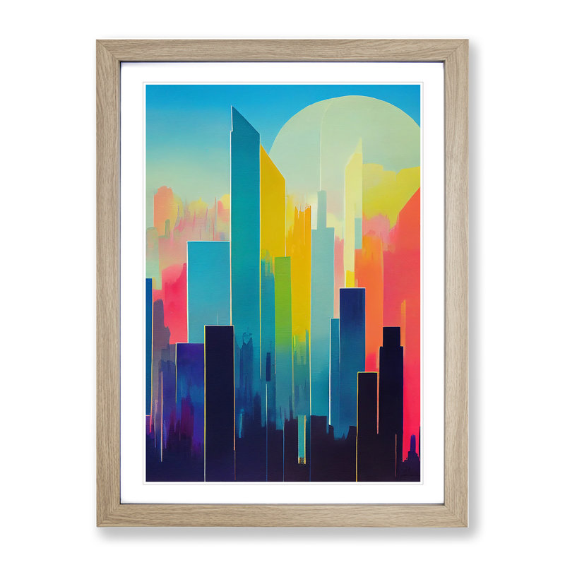 Sensational City Skyline Abstract - Framed Print, 46cm H x 34cm W x 2cm D, Oak