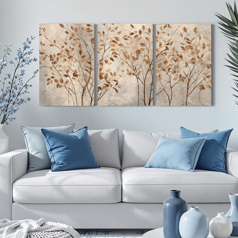 Ensemble de 3 tableaux abstraits sur toile, représentant des feuilles d'automne et des branches d'arbre, pour la décoration du salon, de la chambre ou de la maison.