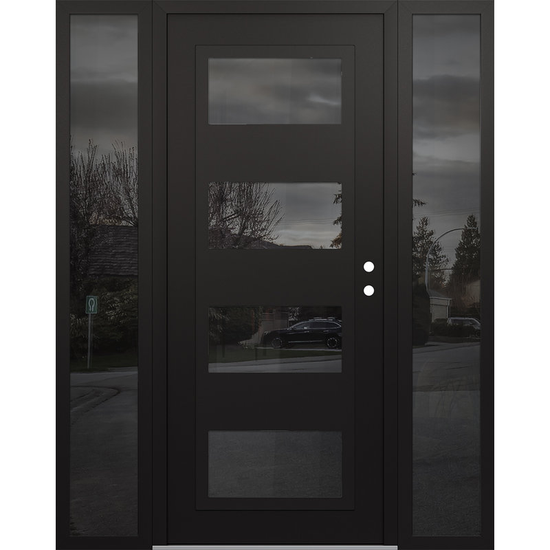 Porte d'entrée avant prémontée à panneau latéral en acier noir / noir avec 2 panneaux latéraux, 68" W x 80" H, Miroitant
