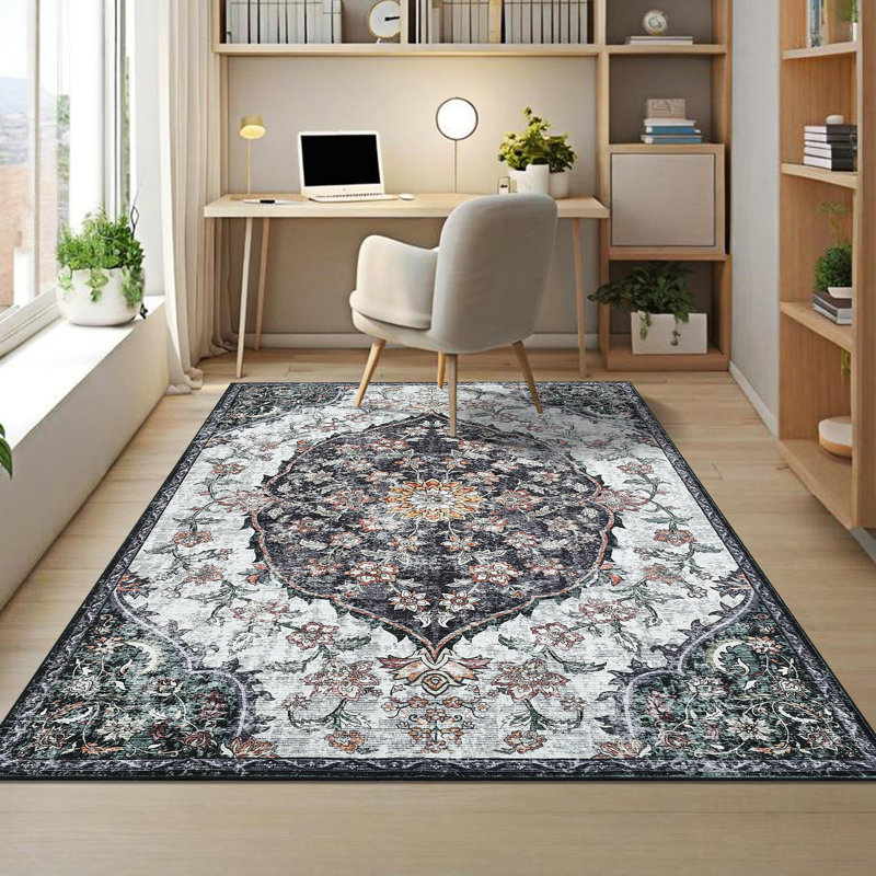 Vintage Machine Washable Bedroom Rug, Non-Slip Non-Shedding Low-Pile Dining Room Rug, Soft Rug for Living Room