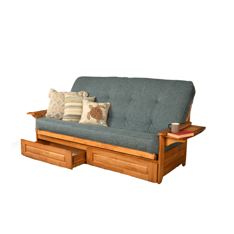 Futon avec rangement Stratford, Noyer cendré, Lin turquoise