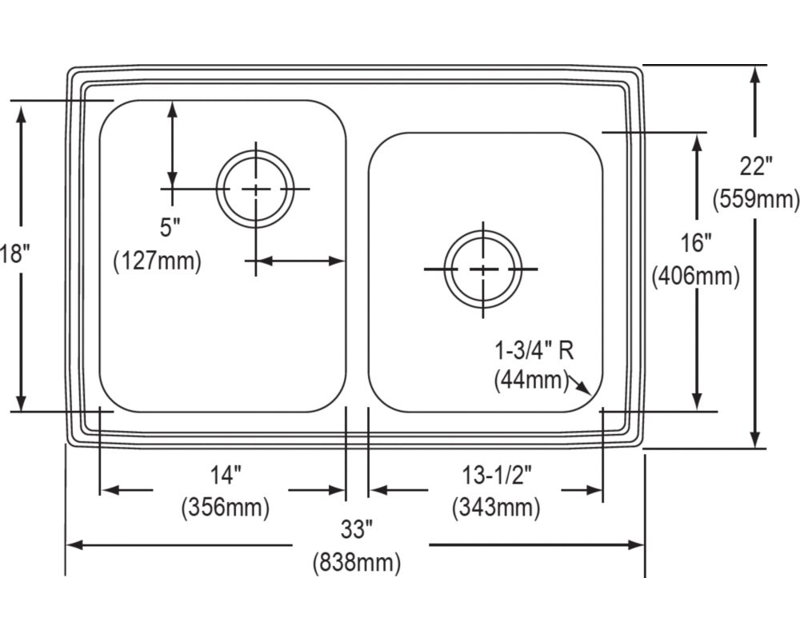 Pacemaker 33" L x 22" W Double Kitchen Sink, 2 hole, Satin