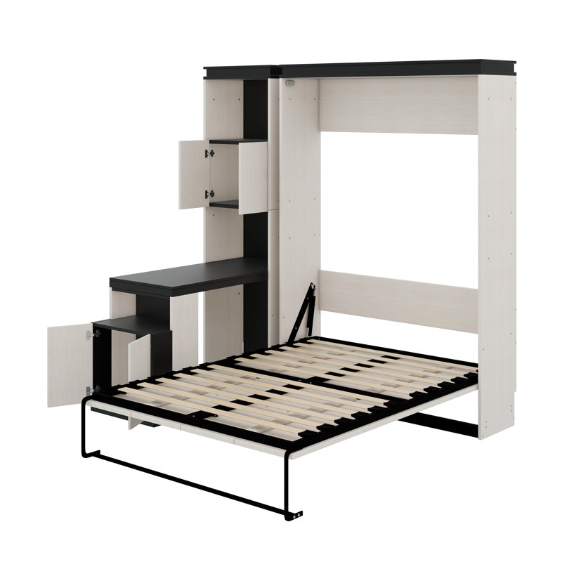 Lit escamotable double avec bureau, tablettes et armoires de rangement