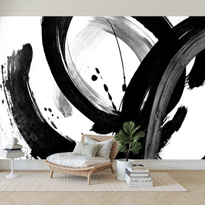 Peel and Stick Wallpaper 144" W x 100" H Modern Self Adhesive Wall Mural for Bedroom Black White Brushstrokes Organic Curved Horizontal Ink Brush Painting