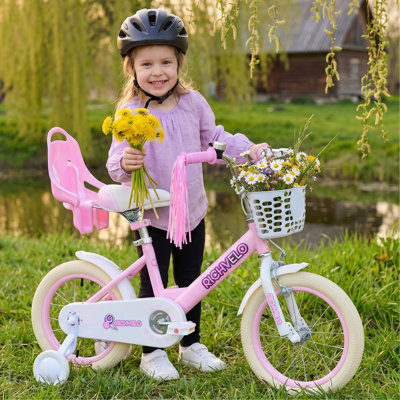 A1602 Kids Bike for Girls 12 14 16 Inch with Training Wheels, Adjustable Seat, Front Basket, Doll Seat & Colorful Streamers, Toddler Bicycle for 2-7 Years Old, Pink Kids' Bikes for Birthday Gift