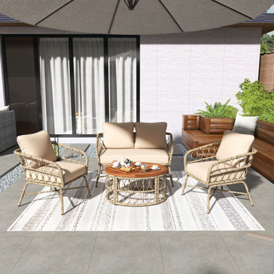 Bohemia-Inspired 4-Person Outdoor Seating Group With Removable Cushions, Conversation Patio Set With Wood Tabletop, Adjustable Feet，Beige