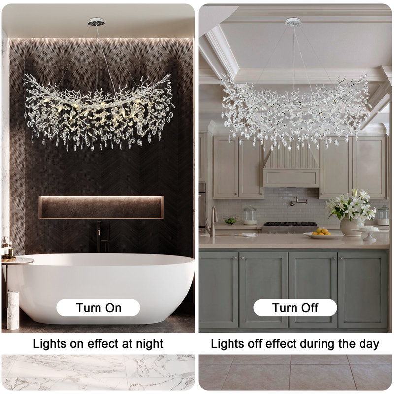 Tree Branch Crystal Chandelier Lighting 63"L, Silver/White, 15.7" H x 47.2" W x 15.7" D, 14