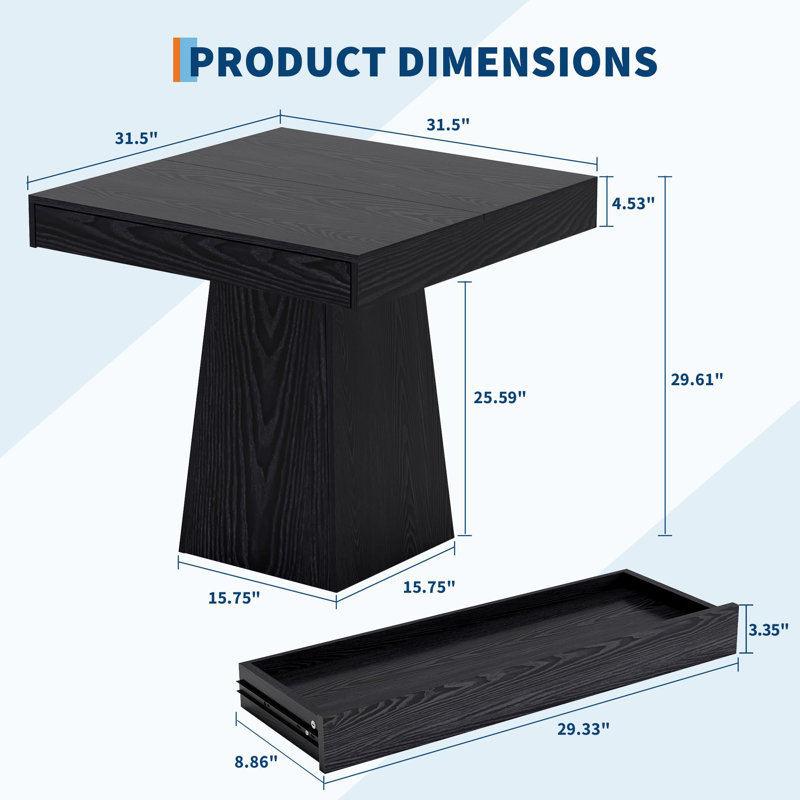 Table de salle à manger carrée de style campagnard de 31,5 pouces pour 2 à 4 personnes, petite table à manger avec 2 tiroirs intégrés – Table de cuisine en bois pour petits espaces, table de coin repas rustique moderne avec base piédestal robuste.