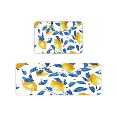 White Blue Leaf Lemon Kitchen Mats,2 PC,For Kitchen & Living Room