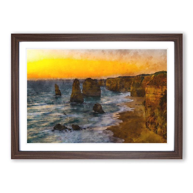Sunset Over The Twelve Apostles - Single Picture Frame Painting on MDF, 33cm H x 45cm W x 2cm D, Walnut Framed