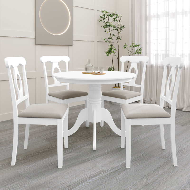 Rashika 4 - Person Pedestal Dining Set, White, White/Beige