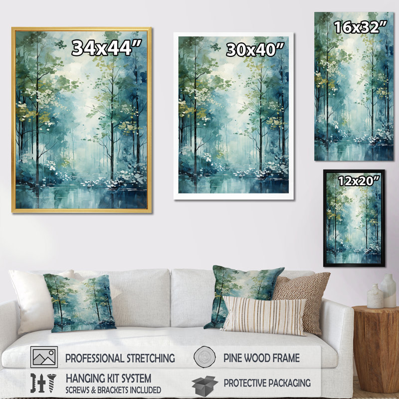 Tranquil Shadows Green Forest - reproduction sur toile, Cadre simple blanc, H 20 po x l 12 po x P 1 po