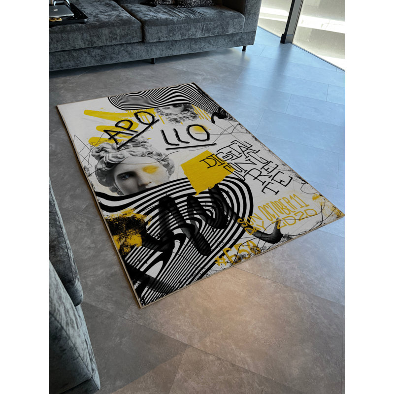 Tapis décoratif moderne à motifs mixtes gris et jaune, Tapis de couloir 3 pi 3 po x 9 pi 10 po