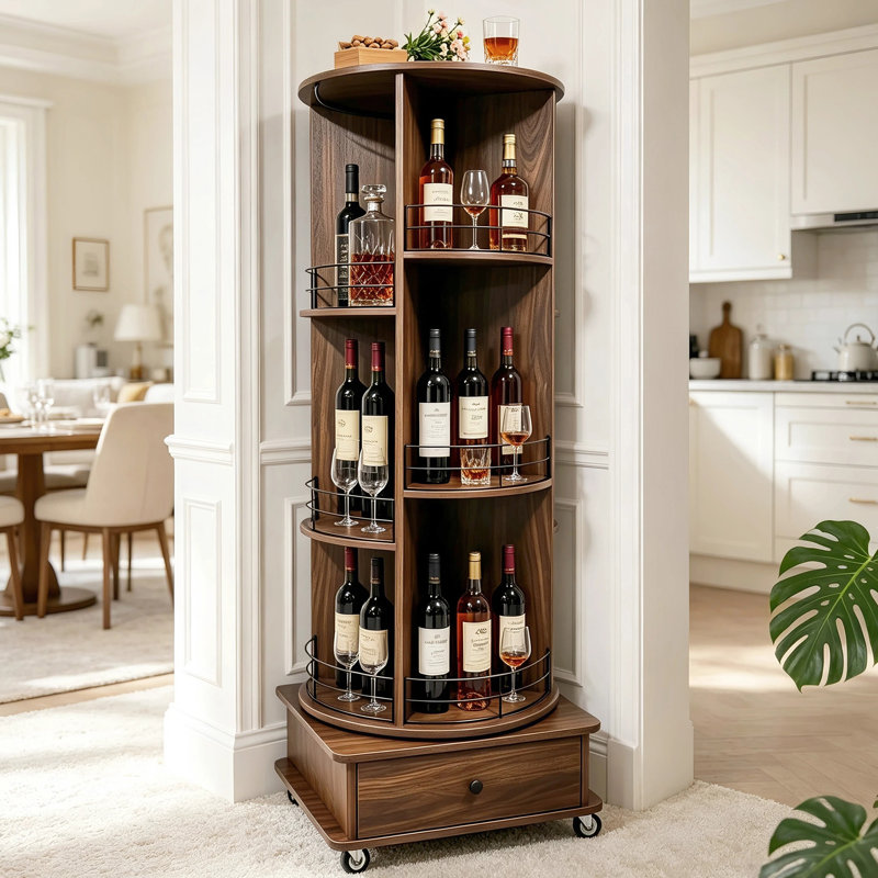 Porte-bouteilles pivotant à 360° avec tiroir, Walnut Brown