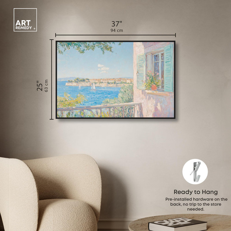 Toile vue méditerranée par Art Remedy, H 25 po x l 37 po, Noir, Cadre flottant
