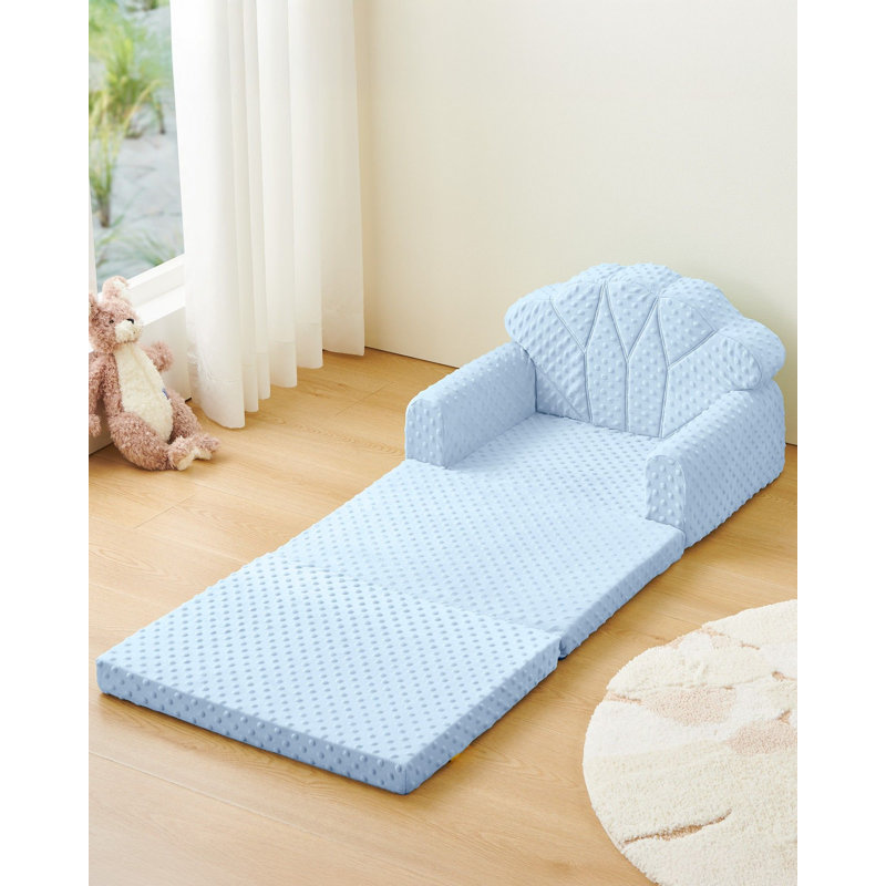 2-in-1 Soft Bubble Dot Minky Fold-Out Couch, Convertible Toddler Sofa, Kid Furniture for Playroom, Blue, Blue