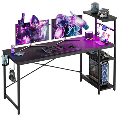 Nedyo 61.3"Computer Desk with RGB LED Lights & Reversible Storage Shelves,Home Office Desk with Hook