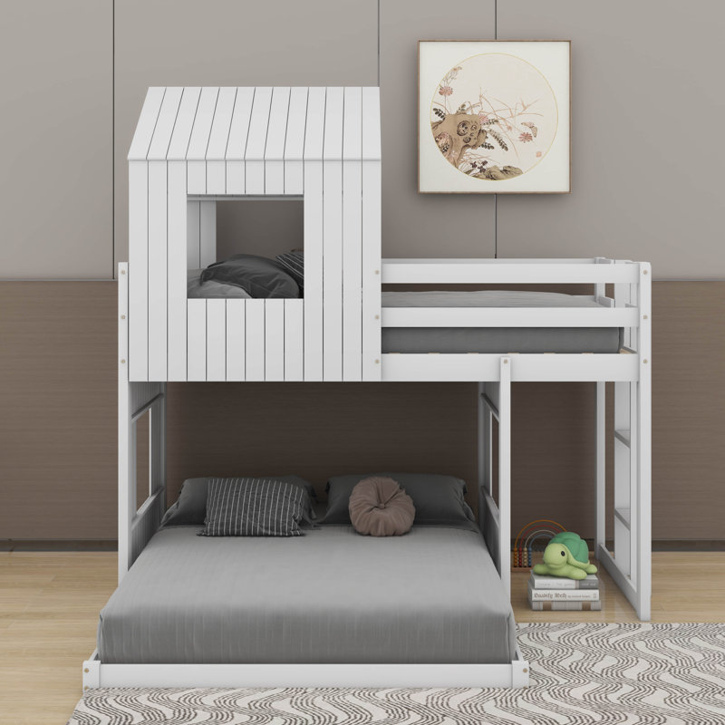 Wooden Twin Over Full Bunk Bed, Loft Bed With Playhouse, Farmhouse, Ladder And Guardrails, White
